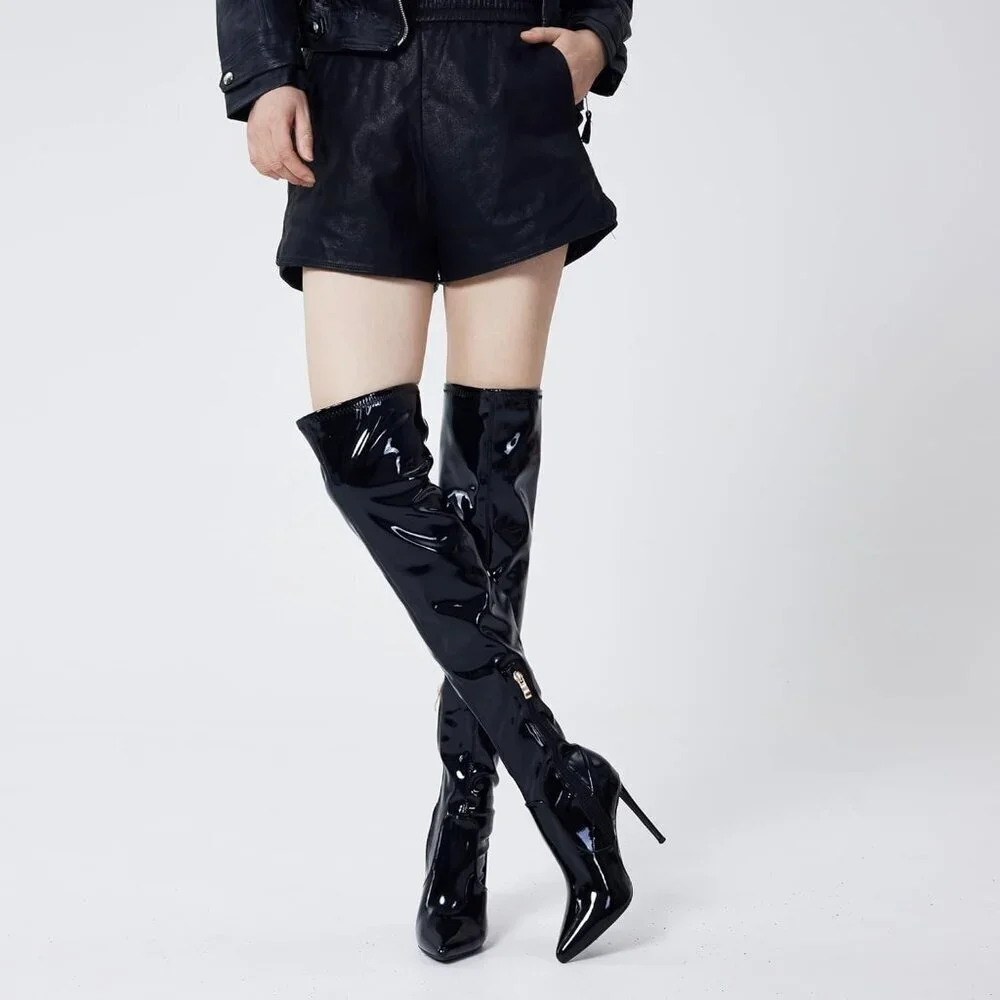 Women Black Patent Suede Pointed Toe 4.3 inch Stilettos Thigh High Heels Boots
